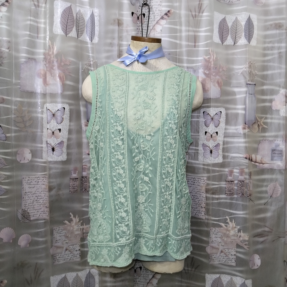 NWTSundance Embroidered Floral Sheer Mint Green Lace Boho Sleeveless Top Lined L - Picture 3 of 15